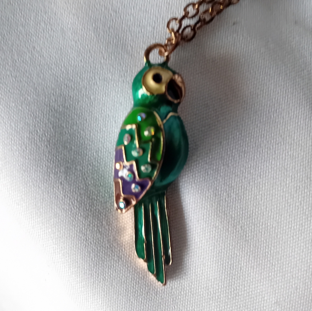 Green and Gold Enameled Parrot With Rhinestone Detail Pendant Necklace 32" Chain
